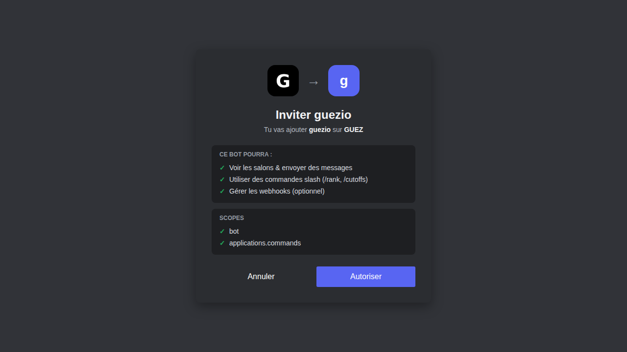 Écran Discord d’autorisation du bot guezio